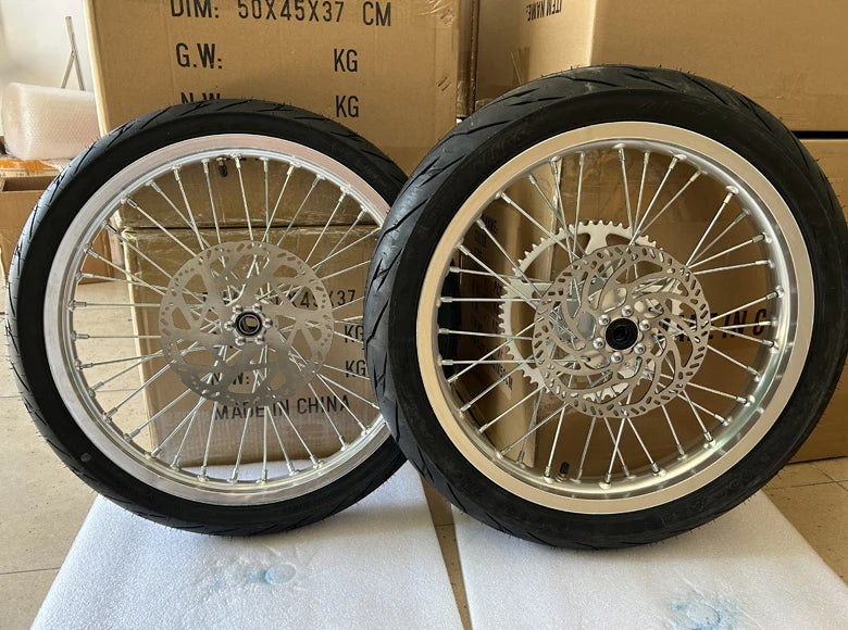 Chrome Surron Light Bee X Wheel Supermoto Tire 17" Sprocket Disc Brake Rotor