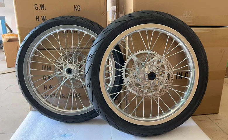 Chrome Surron Light Bee X Wheel Supermoto Tire 17" Sprocket Disc Brake Rotor